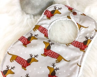 Christmas dachshund,baby bibs, dachshund, baby clothing, towel lined. Baby gift. Newborn, baby bibs, baby shower, new mum. First Christmas