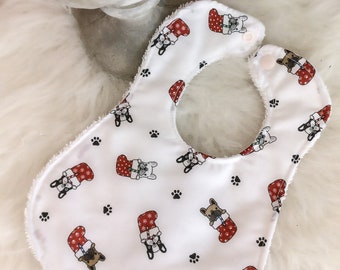 Christmas French bulldog baby bibs, frenchie, baby clothing, towel lined. Baby gift. Newborn, baby bibs, baby shower, stocking filler