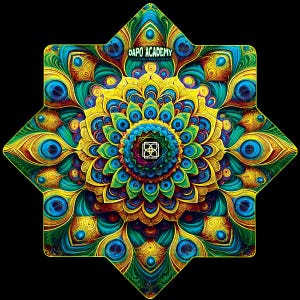 May include: An eight-pointed star-shaped object featuring a vibrant, symmetrical mandala pattern in shades of yellow, teal, and blue. The text DAPO ACADEMY and Let's make shapes in the air are printed at the top, with a white geometric logo in the centre.