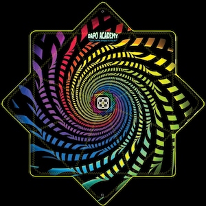 May include: An eight-pointed star-shaped fabric object featuring a vibrant rainbow-colored spiral pattern against a black background. The text DAPO ACADEMY and Let's make shapes in the air are printed at the top, with a geometric logo in the center.