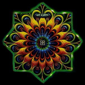 May include: An eight-pointed star-shaped sign with a black background featuring a vibrant, multi-coloured mandala pattern in yellow, red, blue, and green. The text DAPO ACADEMY is printed at the top, and a white geometric symbol is in the centre.
