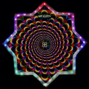 May include: An eight-pointed star-shaped object featuring a vibrant, multi-coloured radial pattern with concentric arcs in red, yellow, green, and blue. The edges are illuminated by small LED lights. The text DAPO ACADEMY is printed at the top.