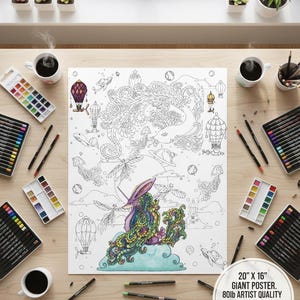 May include: A giant coloring poster, 20" x 16", featuring a whimsical design with a rabbit and hot air balloons. The image is surrounded by art supplies, including watercolor palettes, alcohol markers, and coffee cups. The poster is printed on 80lb artist quality paper.