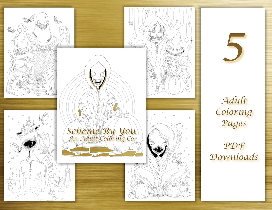 5 Halloween Monster Adult Coloring Pages printable Adult Coloring Book Page, Colour Drawing ...