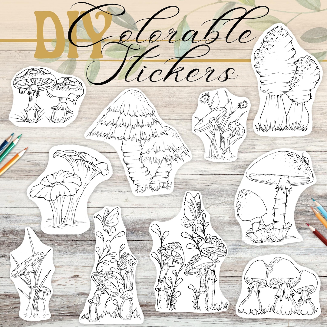 Set of 10 Colorable Mushroom Stickers - Whimsical & Fun DIY Crafting ...