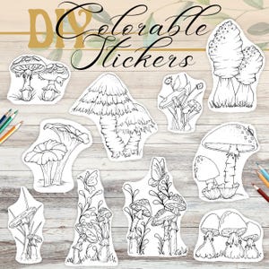 Lot de 10 stickers champignons à colorier - Décoration bricolage fantaisiste et amusante