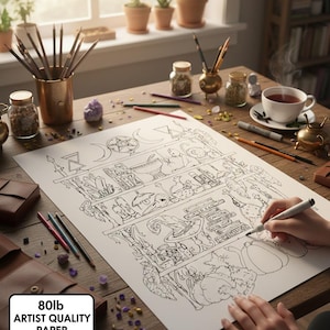 May include: An artist is working on a large black and white illustration on 80lb artist quality paper. The paper is on a wooden table with pencils, jars, and a cup of tea. The paper is perfect for alcohol markers and acrylic markers.