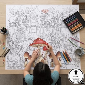 May include: A large colouring poster featuring a detailed black and white botanical garden scene with mushrooms, flowers, and foliage. A central red mushroom is partially coloured. The poster includes a 65 lb card stock label and 40 inch by 30 inch text.