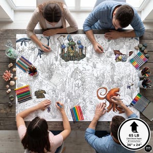 May include: A large 36 by 24 inch 65 lb card stock coloring poster featuring an intricate underwater scene with a central castle, an octopus, a treasure chest, and sea life, surrounded by colored pencils and various seashells on a wooden table.