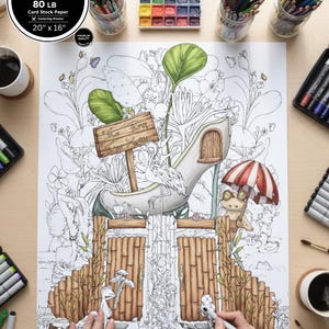 Póster para colorear de un pantano de hadas encantado: arte fantástico, listo para usar con marcadores acrílicos (40,6 x 50,8 cm)