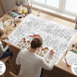 May include: A large 30x40 inch coloring poster with a detailed black and white illustration of a forest scene. The poster is on a wooden table, with a person and a child coloring it with markers and pencils. The text "Coloring Poster DIY Wall Art" is visible.
