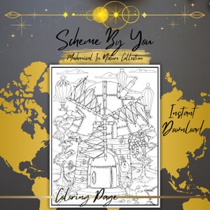 Steampunk windmill coloring page Illustrated for the person that loves metal to color and a nautical feel