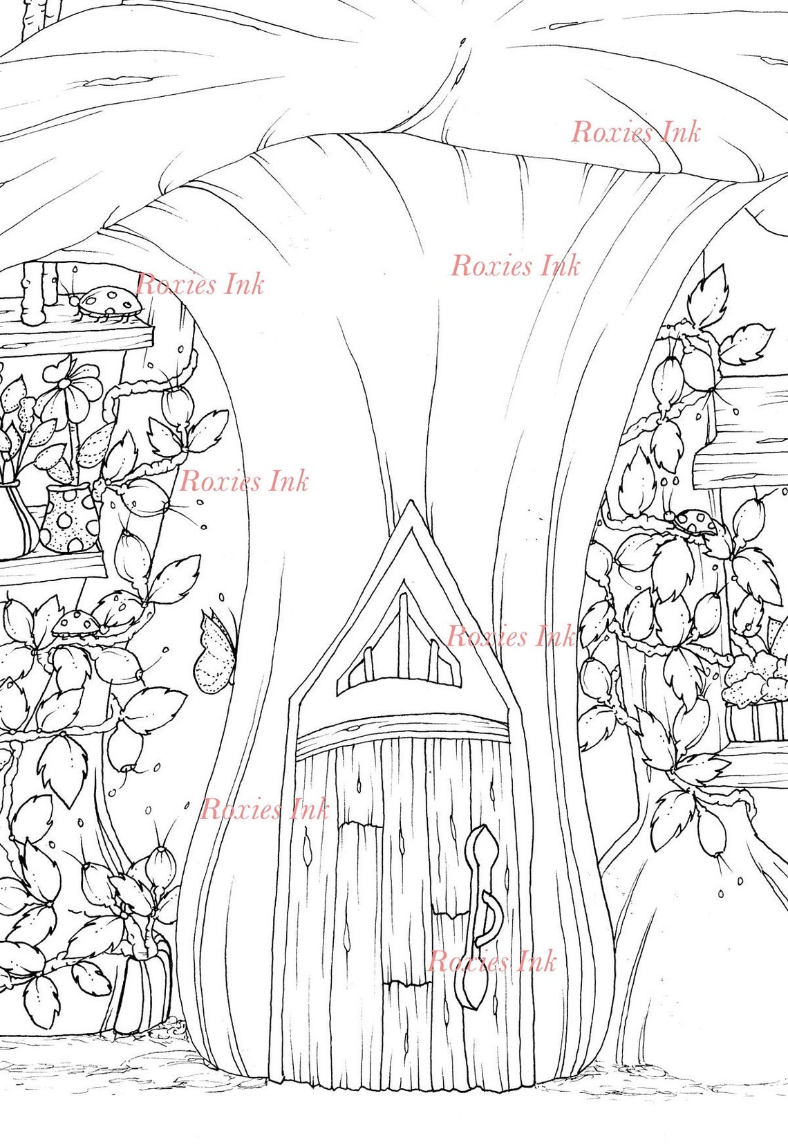 Fae Gnome Mushroom Houses Coloring Page printable Adult - Etsy