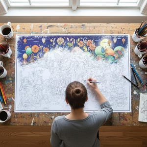 Large Fairie Planet Coloring Poster – Fantasy Art Print, Acrylic Marker Friendly (36x24