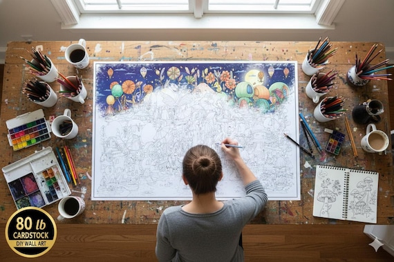 Large Fairie Planet Coloring Poster – Fantasy Art Print, Acrylic Marker Friendly (36x24