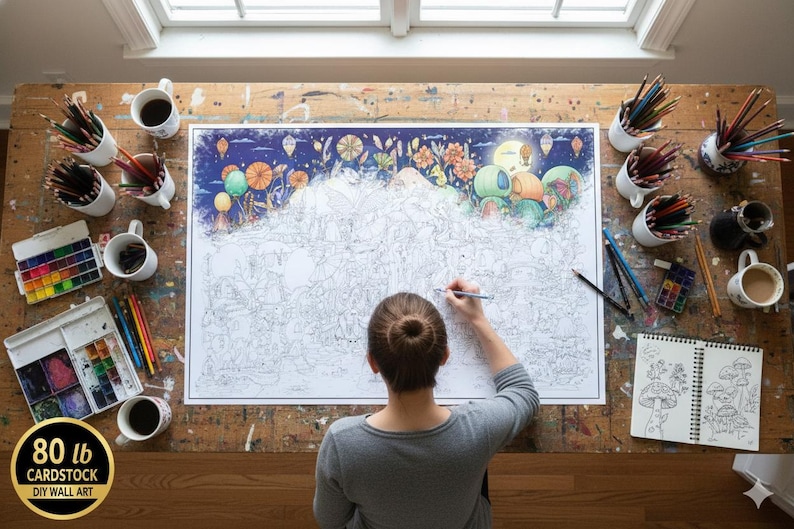 Large Fairie Planet Coloring Poster – Fantasy Art Print, Acrylic Marker Friendly (36x24 image 1