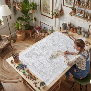 以下が含まれることがあります： 大きな木製のテーブルで、詳細な白黒の絵に色を塗っている人がいます。部屋には植物、画材、ヴィンテージの椅子が置かれています。絵はアーティスト品質の紙に描かれています。