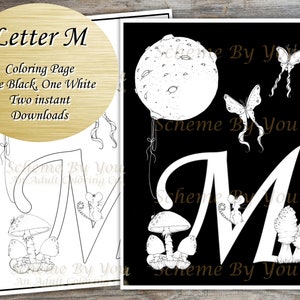 Letter M coloring page / one black one white / instant download