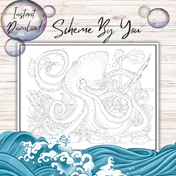 Octopus adult coloring page / deep sea nautical scene / instant download / printable coloring page / coloring book page