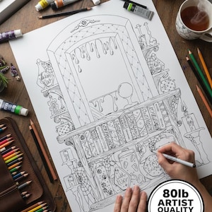 May include: A detailed black and white illustration of a fantasy scene with potion bottles, books, and a decorative archway. The image is on 80lb artist quality paper, perfect for alcohol markers and acemic markers. A hand is drawing on the paper.
