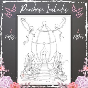 Pu&ograve; includere: Un'illustrazione in bianco e nero di una fantasiosa casa a forma di uovo con due fate appollaiate sul lato. La casa ha una porta e una scalinata che conduce ad essa. Ci sono fiori e funghi che crescono intorno alla casa.