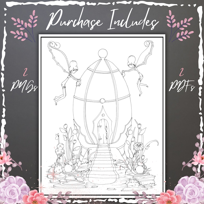 Pu&ograve; includere: Un'illustrazione in bianco e nero di una fantasiosa casa a forma di uovo con due fate appollaiate sul lato. La casa ha una porta e una scalinata che conduce ad essa. Ci sono fiori e funghi che crescono intorno alla casa.