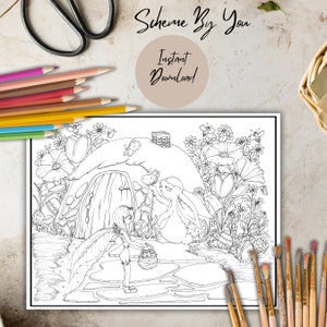 Whimsical Bunny and the fairy fun coloring page Illustrated for Easter coloring fun with Easter eggs, a bunny rabbit and spring flowers