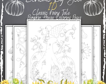 10 Whimsical Classic Fairy Tale Coloring pages with Quilted Wings, Pumpkins and gourd houses