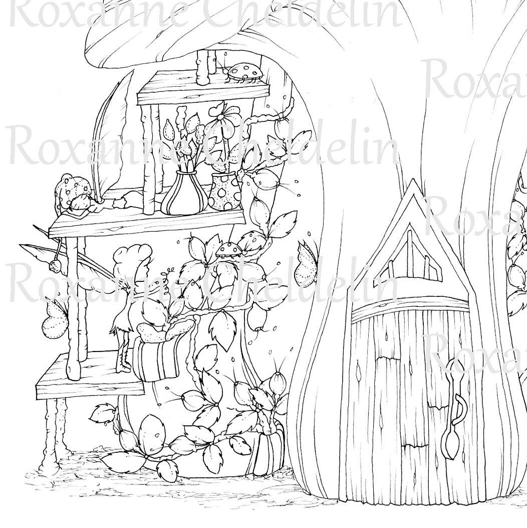 Fae Gnome Mushroom Houses Coloring Page printable Adult - Etsy