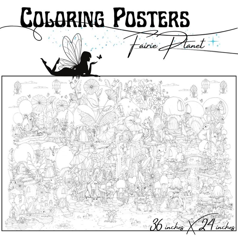 Large Fairie Planet Coloring Poster – Fantasy Art Print, Acrylic Marker Friendly (36x24 image 2