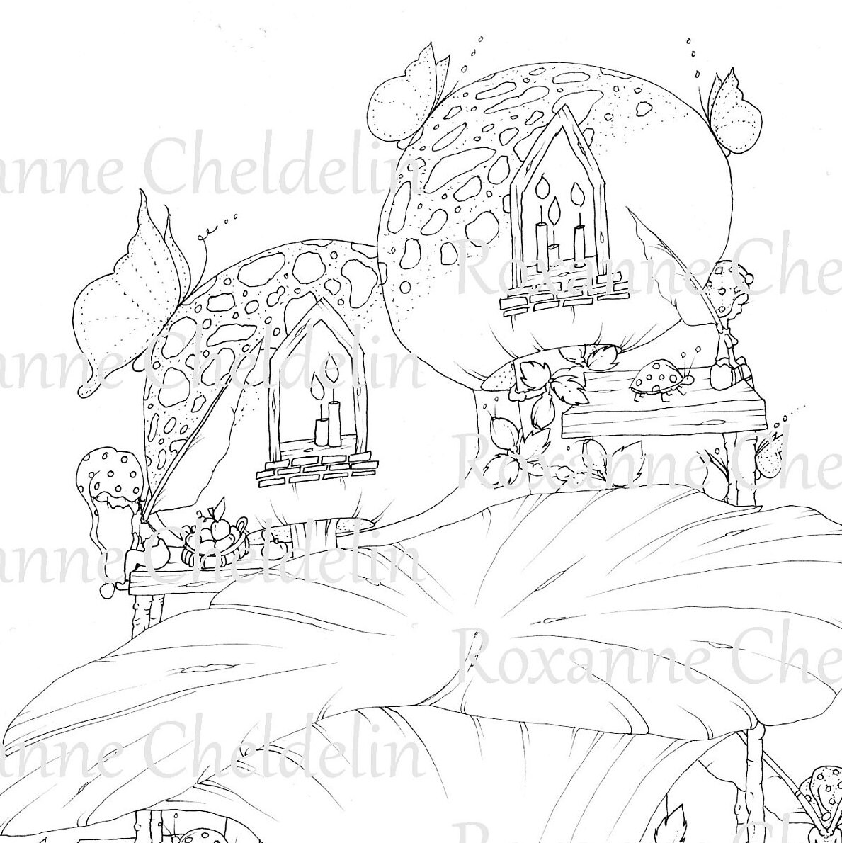 Fae Gnome Mushroom Houses Coloring Page printable Adult - Etsy