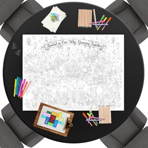 May include: A large rectangular coloring poster with the text Rooted in Our Why, Growing Together, surrounded by intricate line art illustrations. It is accompanied by colored pencils, paper clips, and a small framed sign with colorful question blocks.