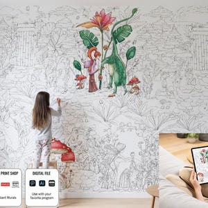 Enchanted Jungle Coloring Poster – Giant Mythical Creatures, Fairies (SVG Download, 40x30")