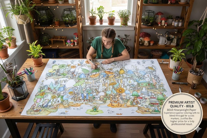 Large Fairie Planet Coloring Poster – Fantasy Art Print, Acrylic Marker Friendly (36x24 image 7
