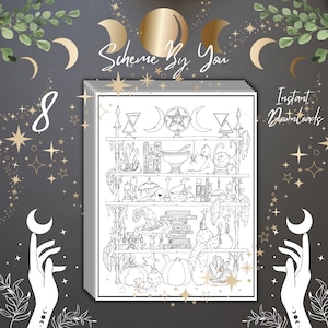 Könnte beinhalten: Eine schwarz-weiße druckbare Malvorlage mit einem Regal voller magischer Gegenstände, darunter Bücher, Tränke, Kristalle und ein Kessel. Das Regal ist mit einem Pentagramm, Mondsicheln und anderen Symbolen verziert. Der Text "Scheme By You" befindet sich oben auf der Seite, und "Instant Downloads" oben rechts.