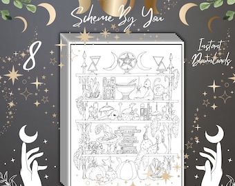 Pagine da colorare di scaffali magici: scaffali da strega, draghi e altro ancora (PDF)