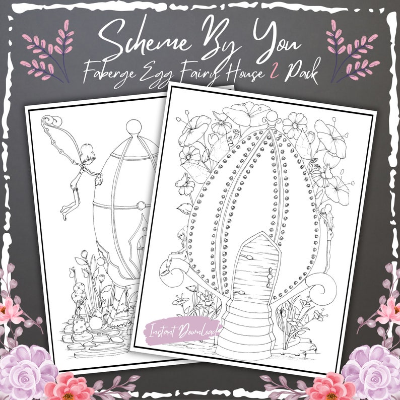 Pu&ograve; includere: Due pagine da colorare in bianco e nero con case di fate. La prima pagina mostra una fata che vola verso una casa a forma di uovo di Faberg&eacute;. La seconda pagina mostra una casa di fata a forma di bocciolo di fiore con una porta e gradini.