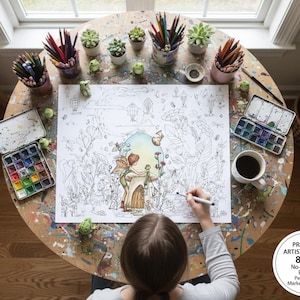 Puede incluir: Una persona colorea una detallada ilustración de fantasía sobre una mesa redonda de madera. La mesa está rodeada de materiales de arte, incluyendo lápices de colores, acuarelas y pequeñas plantas suculentas. La ilustración presenta un hada y una casa hongo.