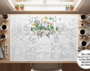 Large Format Coloring Poster for adults- 80lb cardstock paper - Sasquatch Fairyland - Bigfoot Fantasy Art - 24" x 36" - Acrylic marker ready
