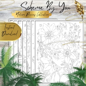 May include: A stack of black and white coloring pages featuring floral and nature-themed illustrations. The text "Scheme By You" and "Nature Pixies Collection" are displayed at the top. The words "Instant Download" are on a gold-colored label.