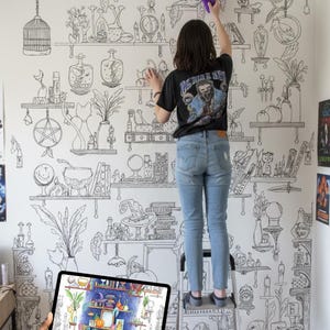 SVG Download - Großformatiges Ausmalposter für Erwachsene - Digital oder Druck - Witchy Wonders - Magische Regale (Originalgröße 24x36, PDF & SVG)