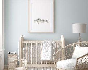 Snoekbaarzen kunstprint: kinderkamerdecoratie, Little Fisherman Art