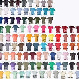 May include: A chart of 72 different colored t-shirt colors. The colors are arranged in rows and columns. The colors include black, white, gray, brown, blue, green, red, orange, yellow, pink, purple, teal, and more.