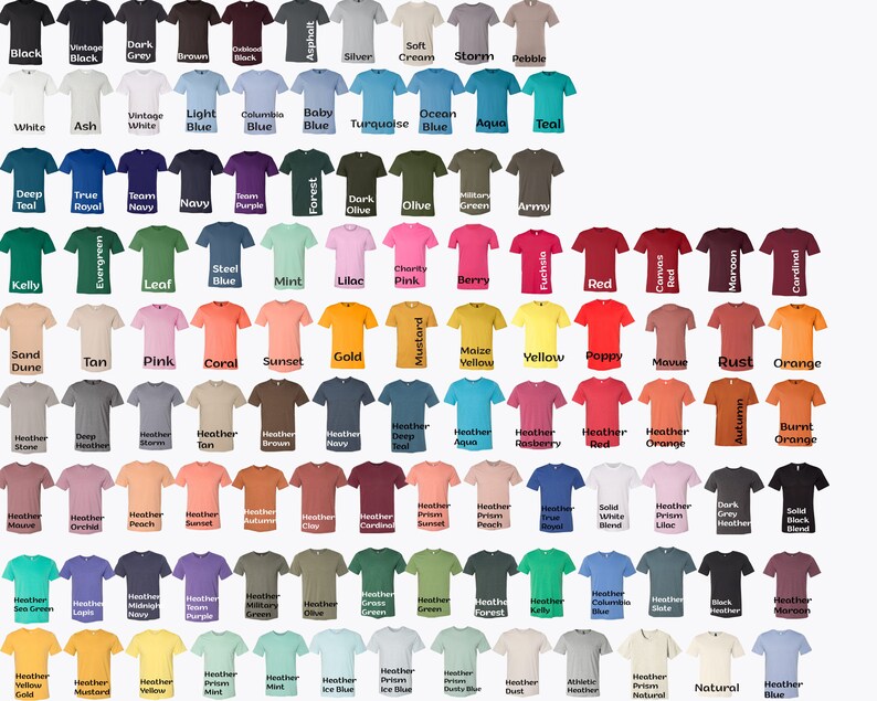 May include: A chart of 72 different colored t-shirt colors. The colors are arranged in rows and columns. The colors include black, white, gray, brown, blue, green, red, orange, yellow, pink, purple, teal, and more.