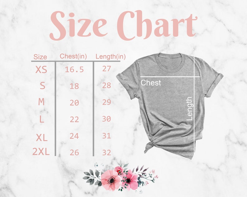 Puede incluir: Tabla de tallas para una camiseta con medidas en pulgadas para el pecho y la longitud. La tabla muestra las tallas XS, S, M, L, XL y 2XL con las medidas de pecho y longitud correspondientes.