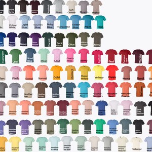 Puede incluir: Una tabla de 72 colores de camisetas diferentes. Los colores est&aacute;n dispuestos en filas y columnas. Los colores incluyen negro, blanco, gris, marr&oacute;n, azul, verde, rojo, naranja, amarillo, rosa, morado, turquesa, y m&aacute;s.