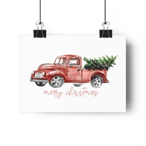 Red Truck Christmas Tree Art Print: Holiday Farmhouse Decor