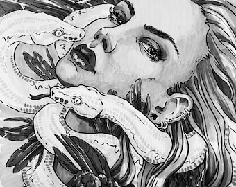 Original Woman and Snakes Portrait Marker Ink Drawing Black and White