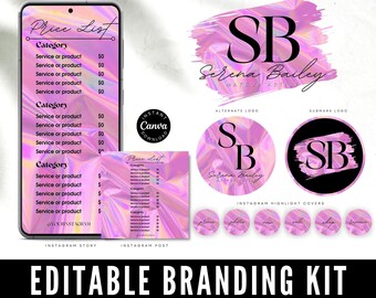 Pink Holographic Logo Design, Branding Package, Boutique Logo, Instagram Bundle, glam logo, Price List, Pink Highlight Covers, Beauty Logo