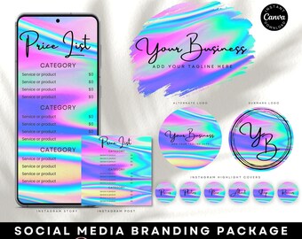 Holographic Branding Package, Beauty Logo Design, Boutique Logo, Instagram Bundle, Glam Logo, Price List, Highlight Covers, Lip Gloss Logo